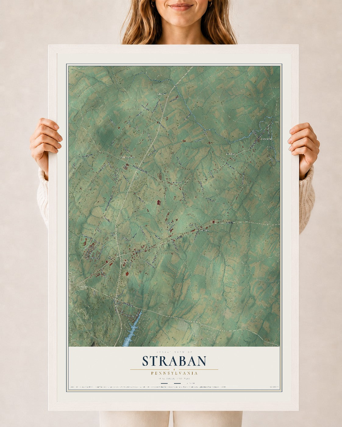 Map of Straban, Pennsylvania, 24 x 36 inch print in a white wood frame