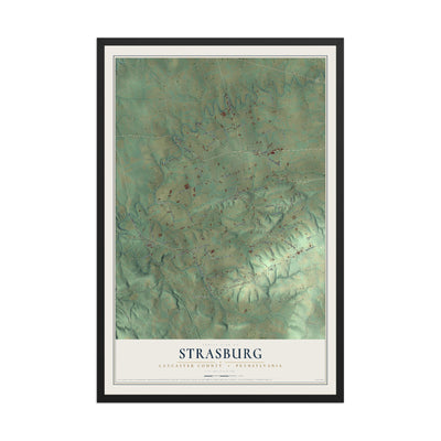 Map of Strasburg, Lancaster County, Pennsylvania, 12 x 18 inch print in a black wood frame