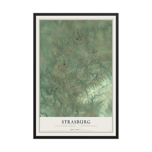 Map of Strasburg, Lancaster County, Pennsylvania, 12 x 18 inch print in a black wood frame
