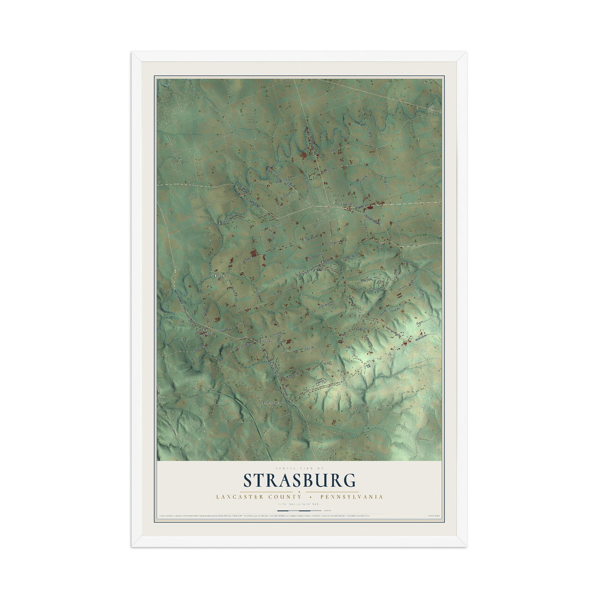 Map of Strasburg, Lancaster County, Pennsylvania, 12 x 18 inch print in a white wood frame