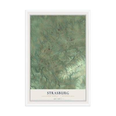 Map of Strasburg, Lancaster County, Pennsylvania, 12 x 18 inch print in a white wood frame