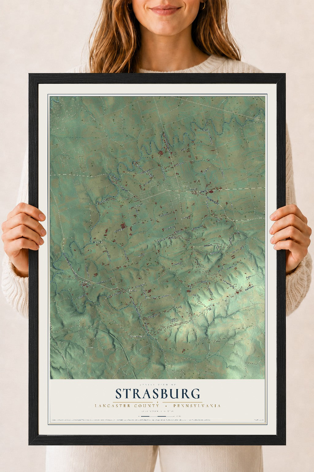 Map of Strasburg, Lancaster County, Pennsylvania, 18 x 24 inch print in a black wood frame