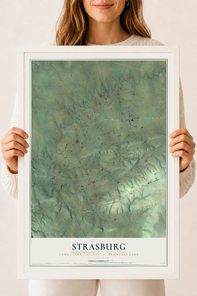 Map of Strasburg, Lancaster County, Pennsylvania, 18 x 24 inch print in a white wood frame