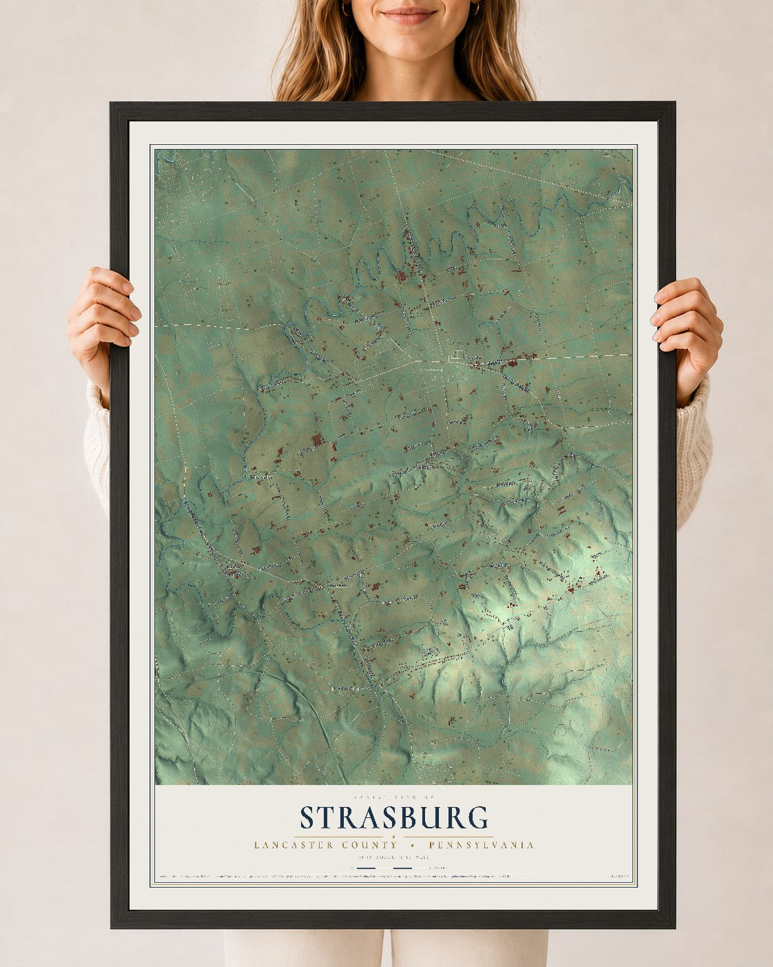 Map of Strasburg, Lancaster County, Pennsylvania, 24 x 36 inch print in a black wood frame