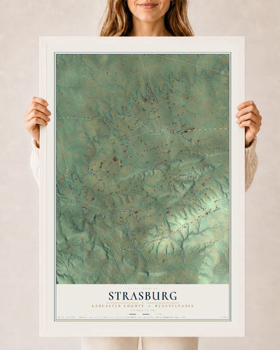 Map of Strasburg, Lancaster County, Pennsylvania, 24 x 36 inch print in a white wood frame