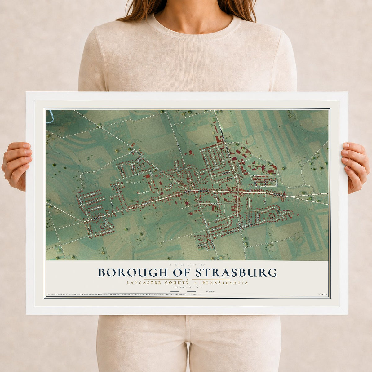 Map of the Borough of Strasburg, Lancaster County, Pennsylvania, 12 x 18 inch print in a white wood frame