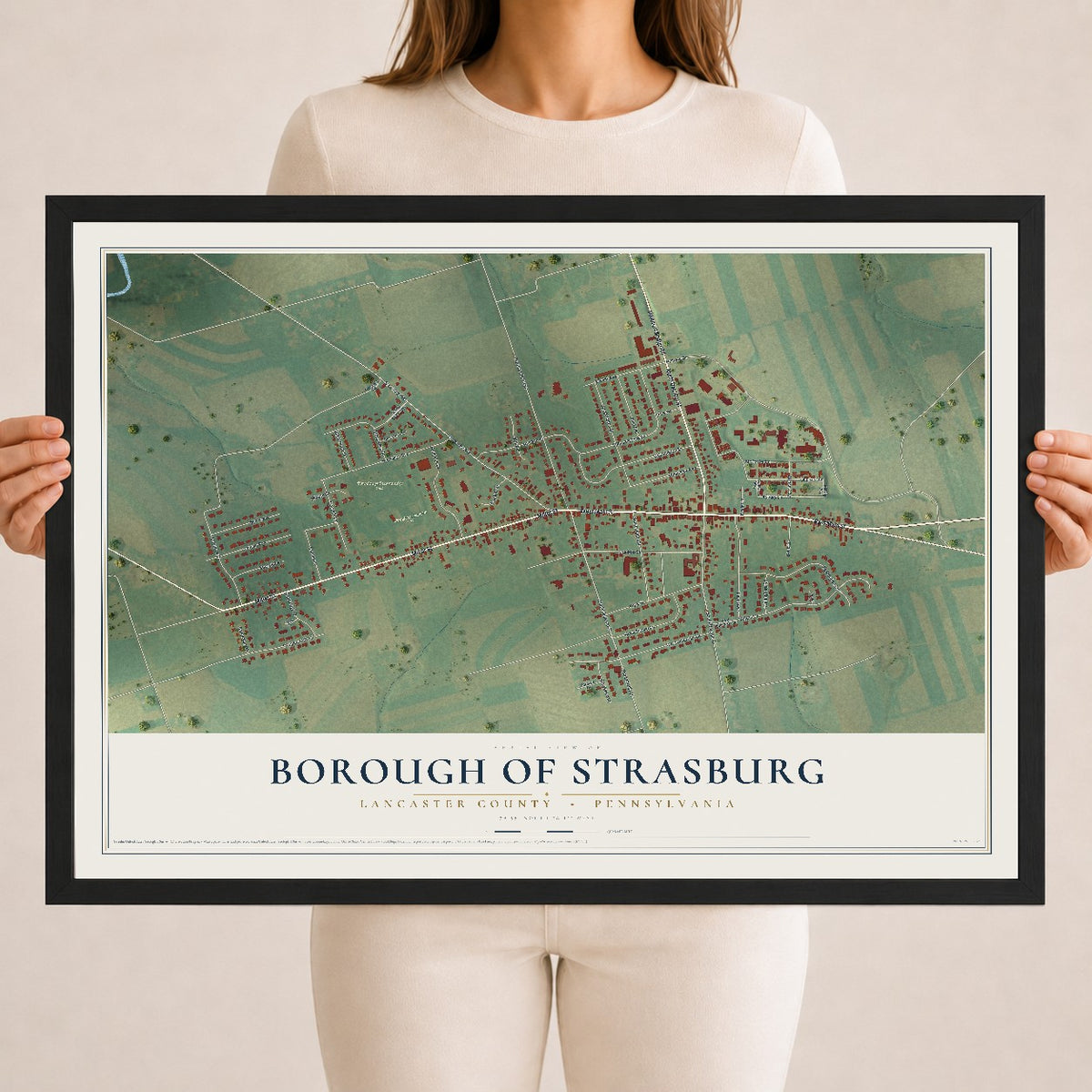 Map of the Borough of Strasburg, Lancaster County, Pennsylvania, 18 x 24 inch print in a black wood frame