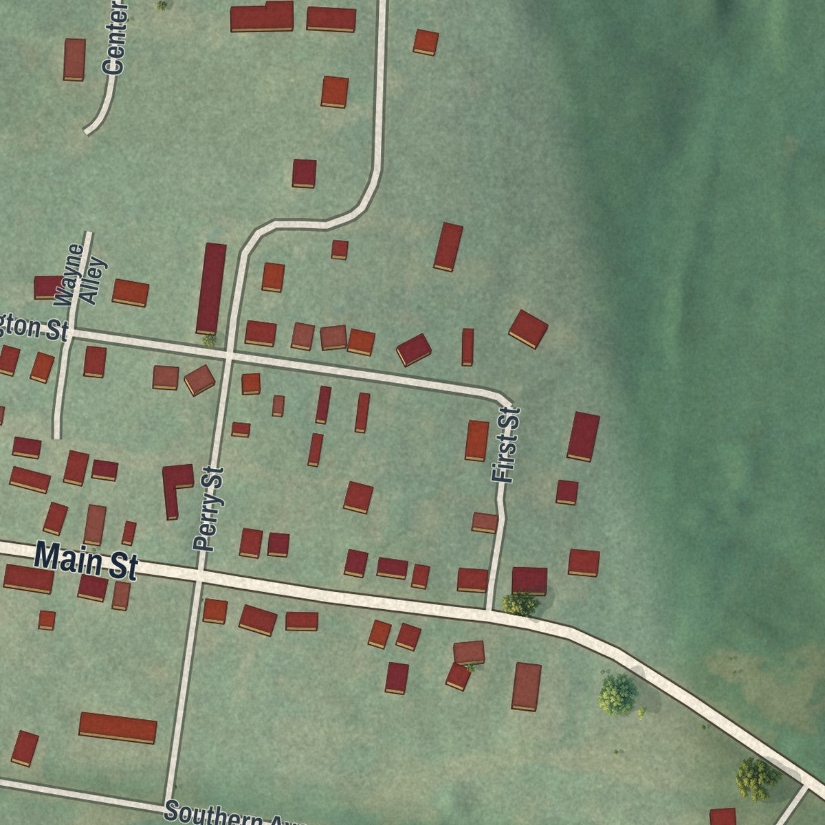 Second close-up of the map of Strattanville, Pennsylvania print showing more streets and buildings
