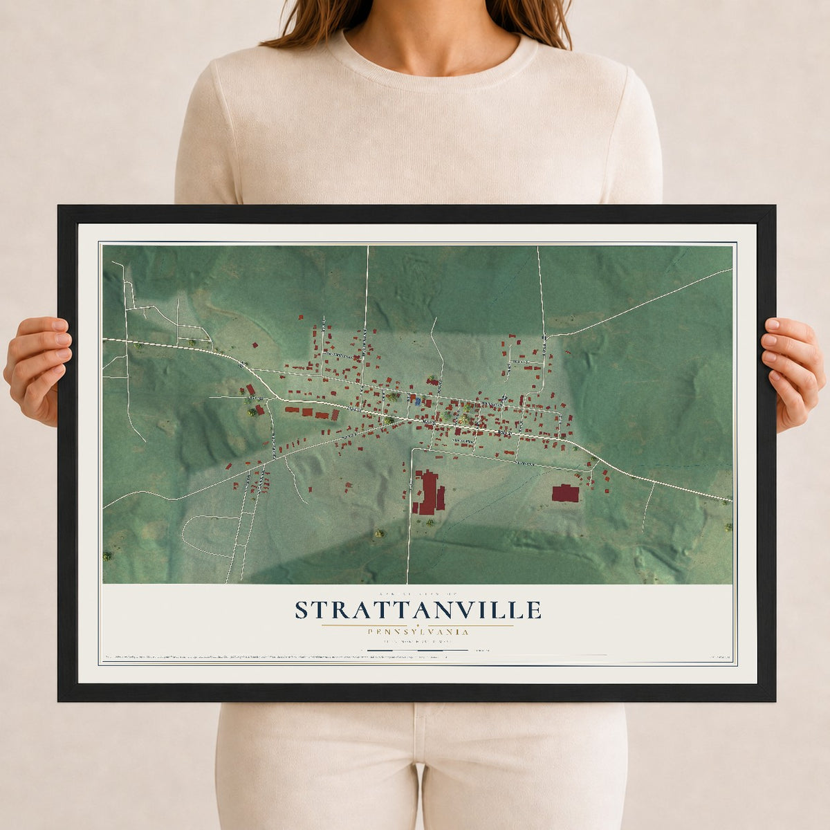 Map of Strattanville, Pennsylvania, 12 x 18 inch print in a black wood frame