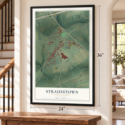 Strausstown, Pennsylvania map, 24 x 36 inch print in a black frame by a staircase