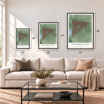 Strawberry Mansion, Pennsylvania map in 12 x 18, 18 x 24 and 24 x 36 inch sizes above a sofa
