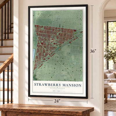 Strawberry Mansion, Pennsylvania map, 24 x 36 inch print in a black frame by a staircase