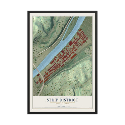 Map of Strip District, Pennsylvania, 12 x 18 inch print in a black wood frame