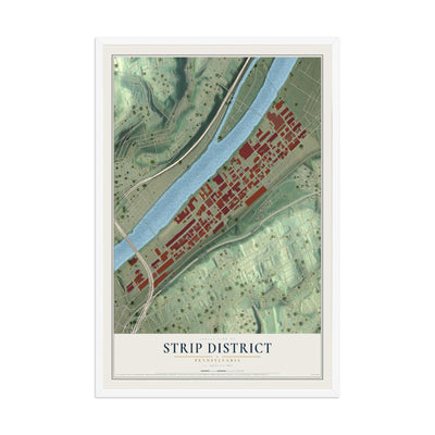 Map of Strip District, Pennsylvania, 12 x 18 inch print in a white wood frame