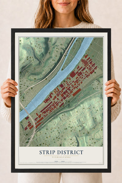 Map of Strip District, Pennsylvania, 18 x 24 inch print in a black wood frame