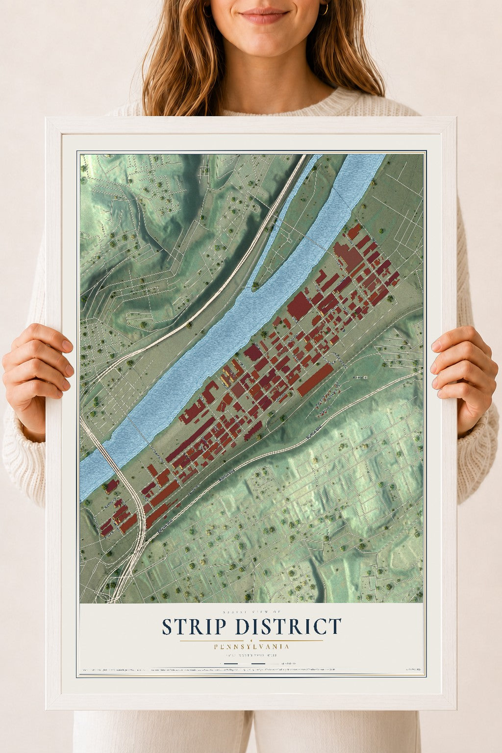 Map of Strip District, Pennsylvania, 18 x 24 inch print in a white wood frame