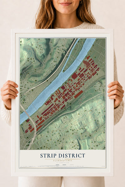Map of Strip District, Pennsylvania, 18 x 24 inch print in a white wood frame