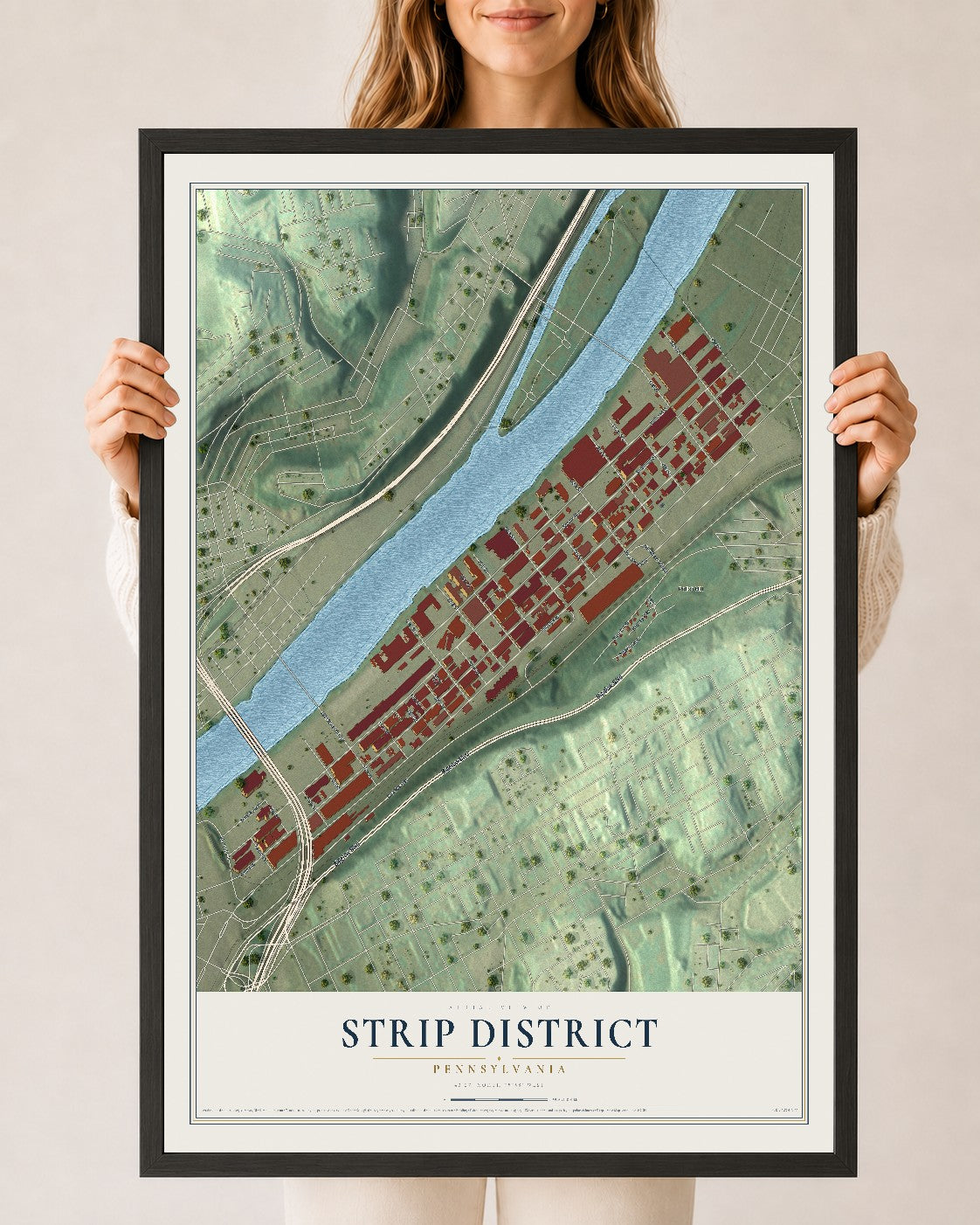 Map of Strip District, Pennsylvania, 24 x 36 inch print in a black wood frame