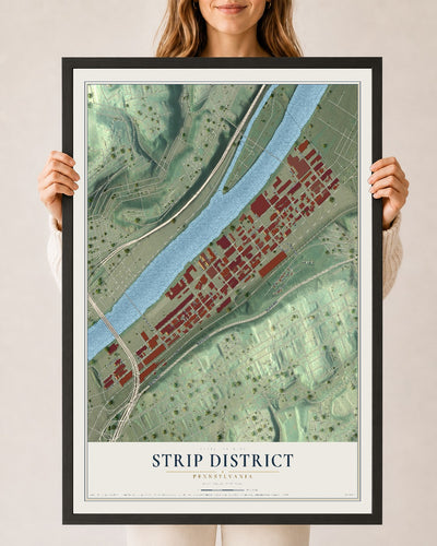 Map of Strip District, Pennsylvania, 24 x 36 inch print in a black wood frame