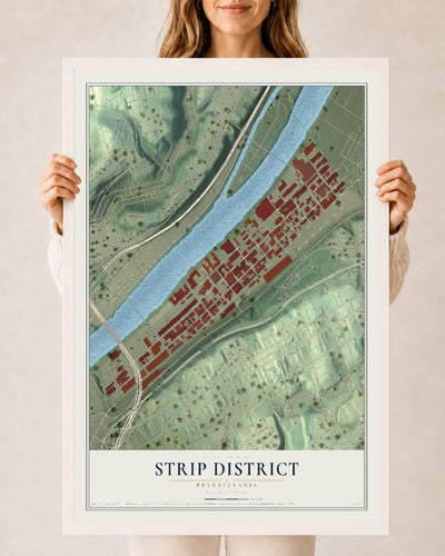Map of Strip District, Pennsylvania, 24 x 36 inch print in a white wood frame