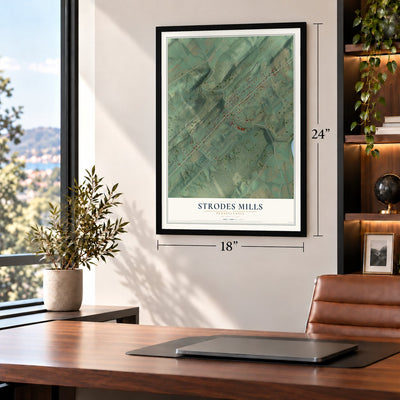 Strodes Mills, Pennsylvania map, 18 x 24 inch print in a black frame in a home office