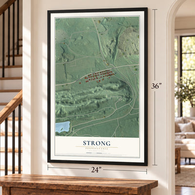 Strong, Pennsylvania map, 24 x 36 inch print in a black frame by a staircase