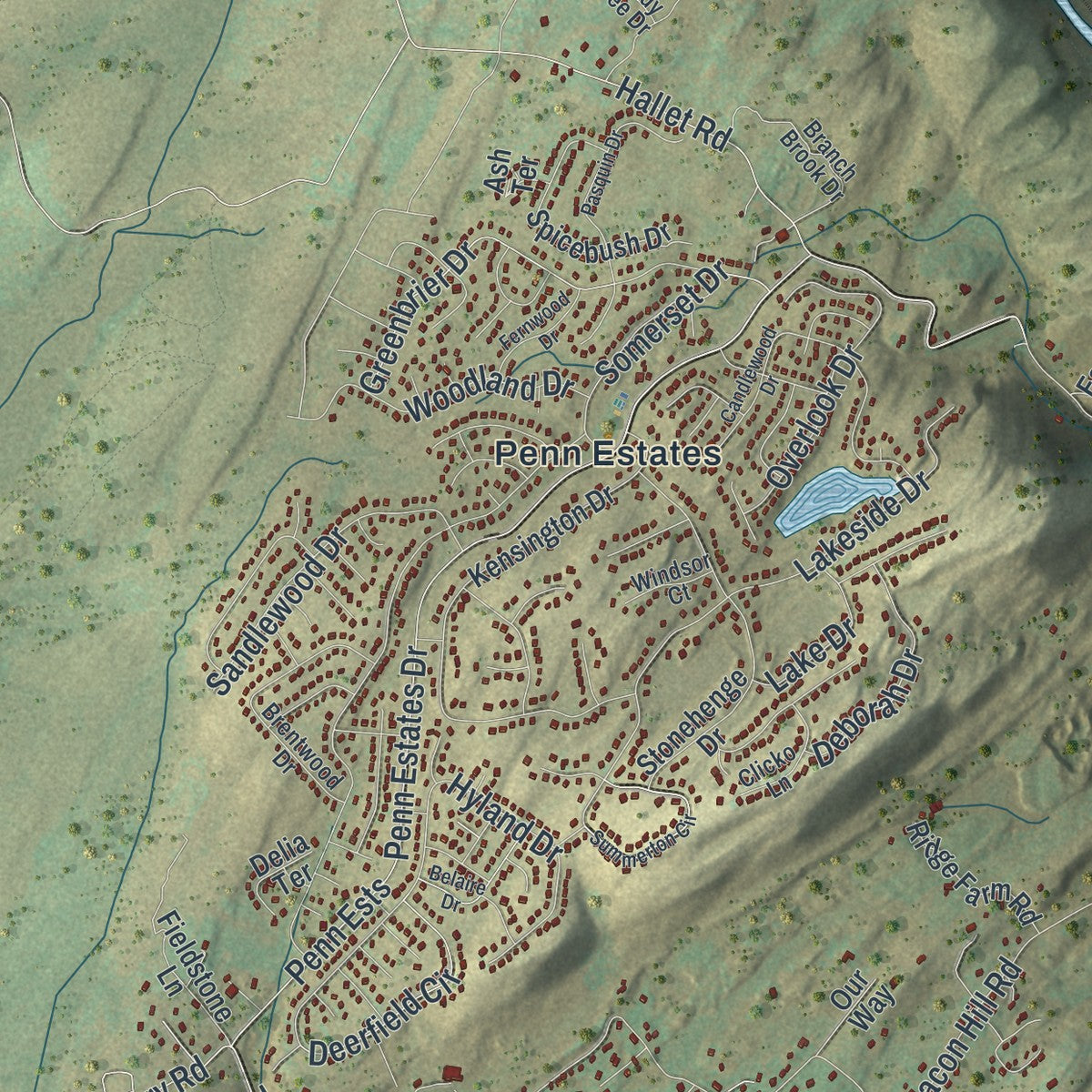 Second close-up of the map of Stroud, Pennsylvania print showing more streets and buildings