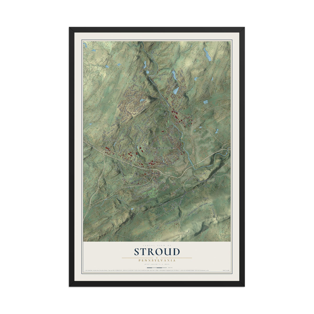 Map of Stroud, Pennsylvania, 12 x 18 inch print in a black wood frame