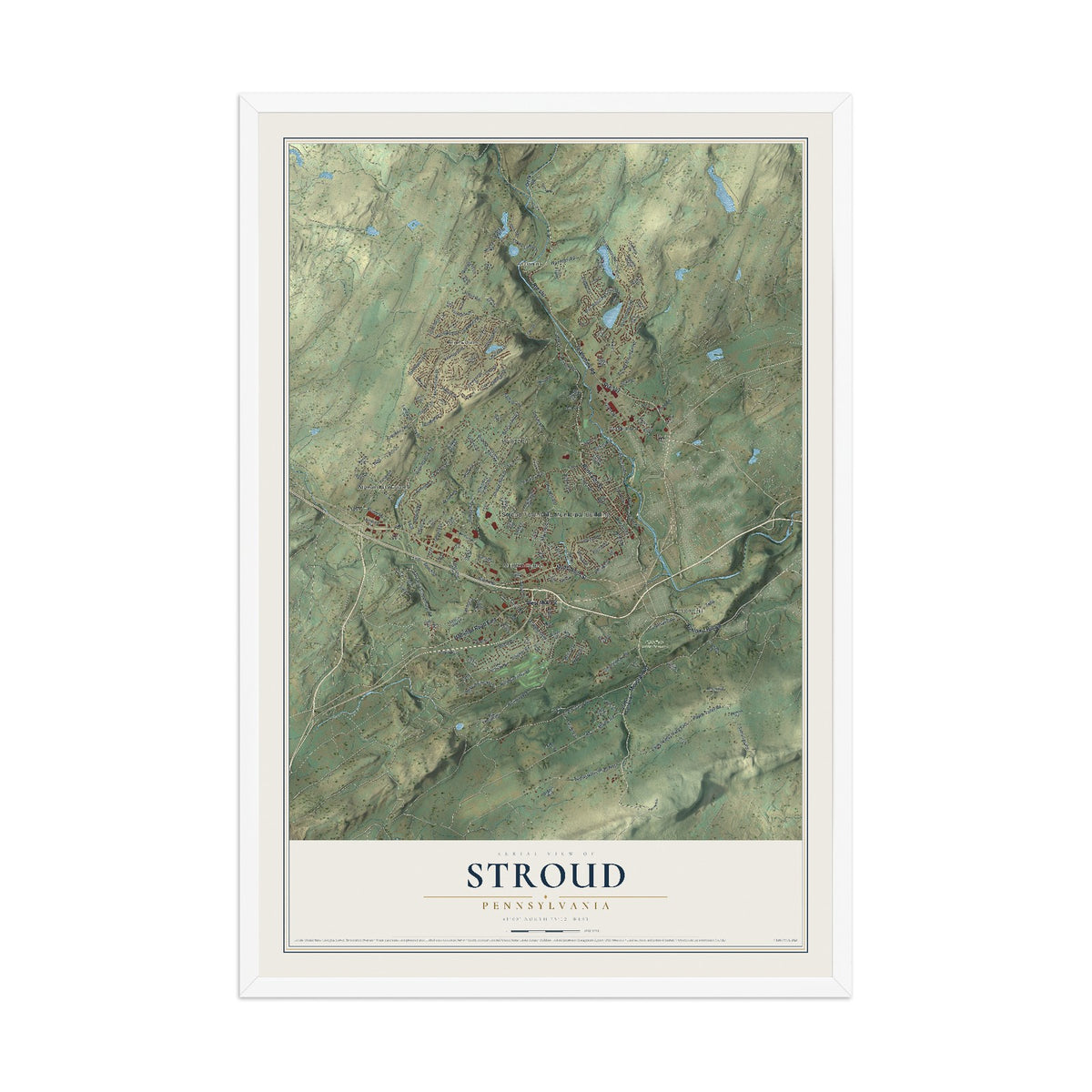 Map of Stroud, Pennsylvania, 12 x 18 inch print in a white wood frame
