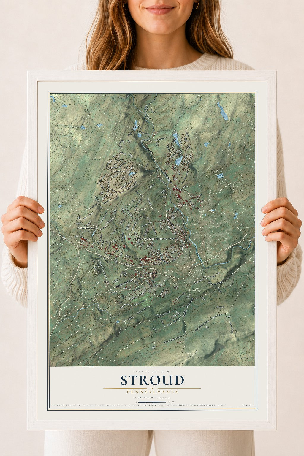 Map of Stroud, Pennsylvania, 18 x 24 inch print in a white wood frame