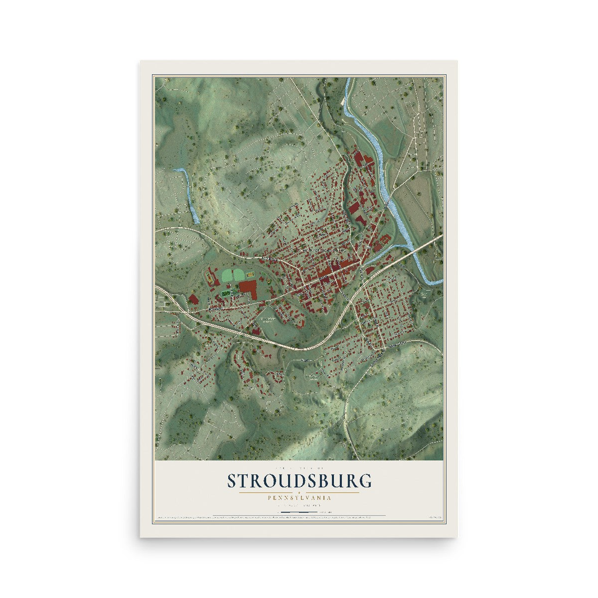 Map of Stroudsburg, Pennsylvania, 12 x 18 inch unframed archival matte print