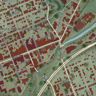 Close-up of the map of Stroudsburg, Pennsylvania print showing street and building detail