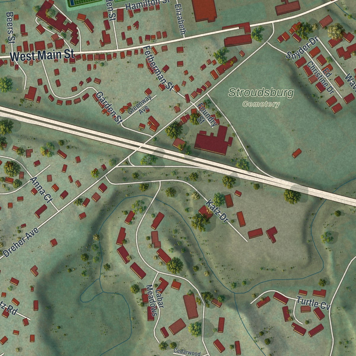Second close-up of the map of Stroudsburg, Pennsylvania print showing more streets and buildings