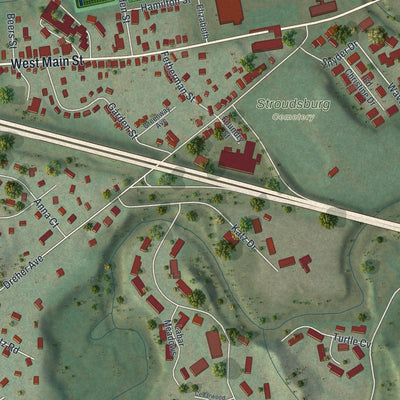 Second close-up of the map of Stroudsburg, Pennsylvania print showing more streets and buildings