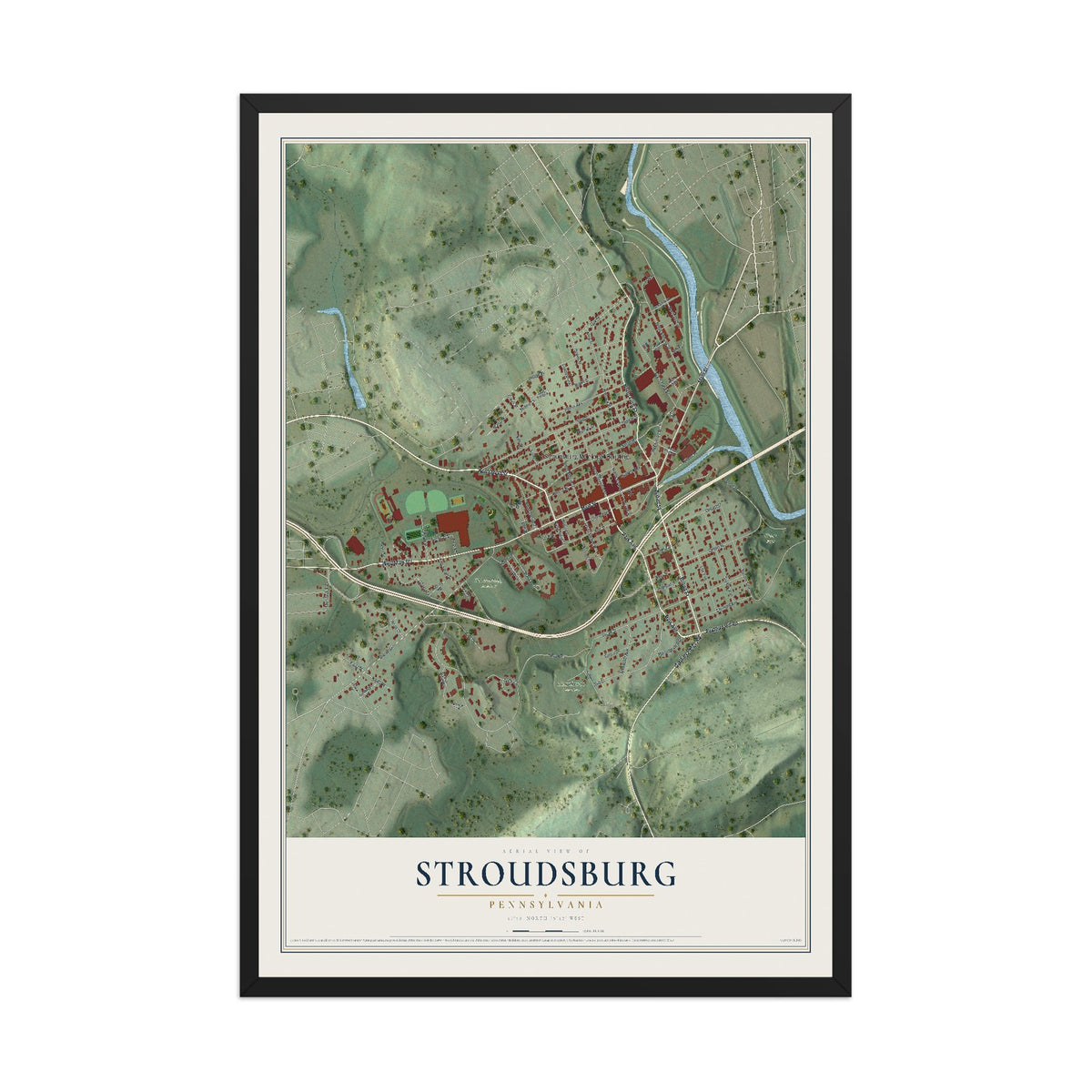 Map of Stroudsburg, Pennsylvania, 12 x 18 inch print in a black wood frame