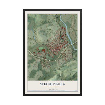 Map of Stroudsburg, Pennsylvania, 12 x 18 inch print in a black wood frame