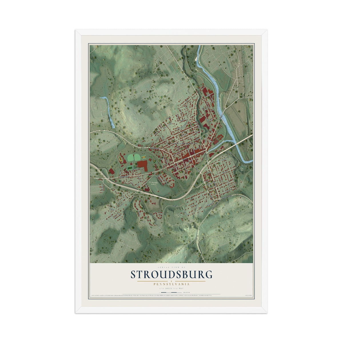 Map of Stroudsburg, Pennsylvania, 12 x 18 inch print in a white wood frame