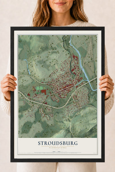Map of Stroudsburg, Pennsylvania, 18 x 24 inch print in a black wood frame