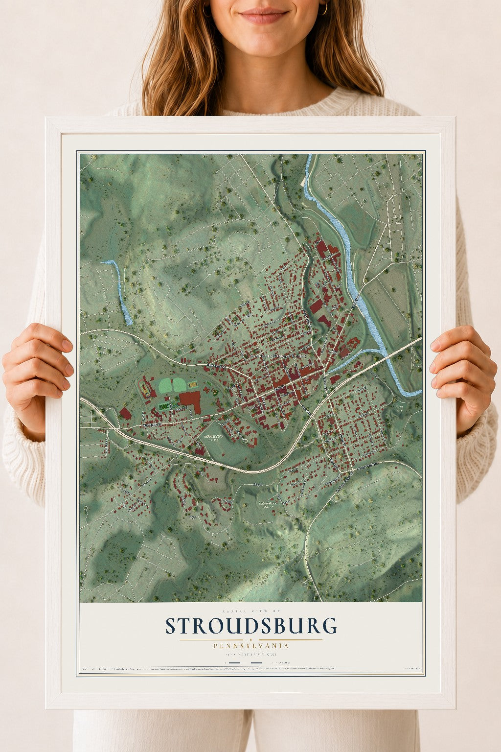 Map of Stroudsburg, Pennsylvania, 18 x 24 inch print in a white wood frame