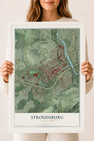 Map of Stroudsburg, Pennsylvania, 18 x 24 inch print in a white wood frame