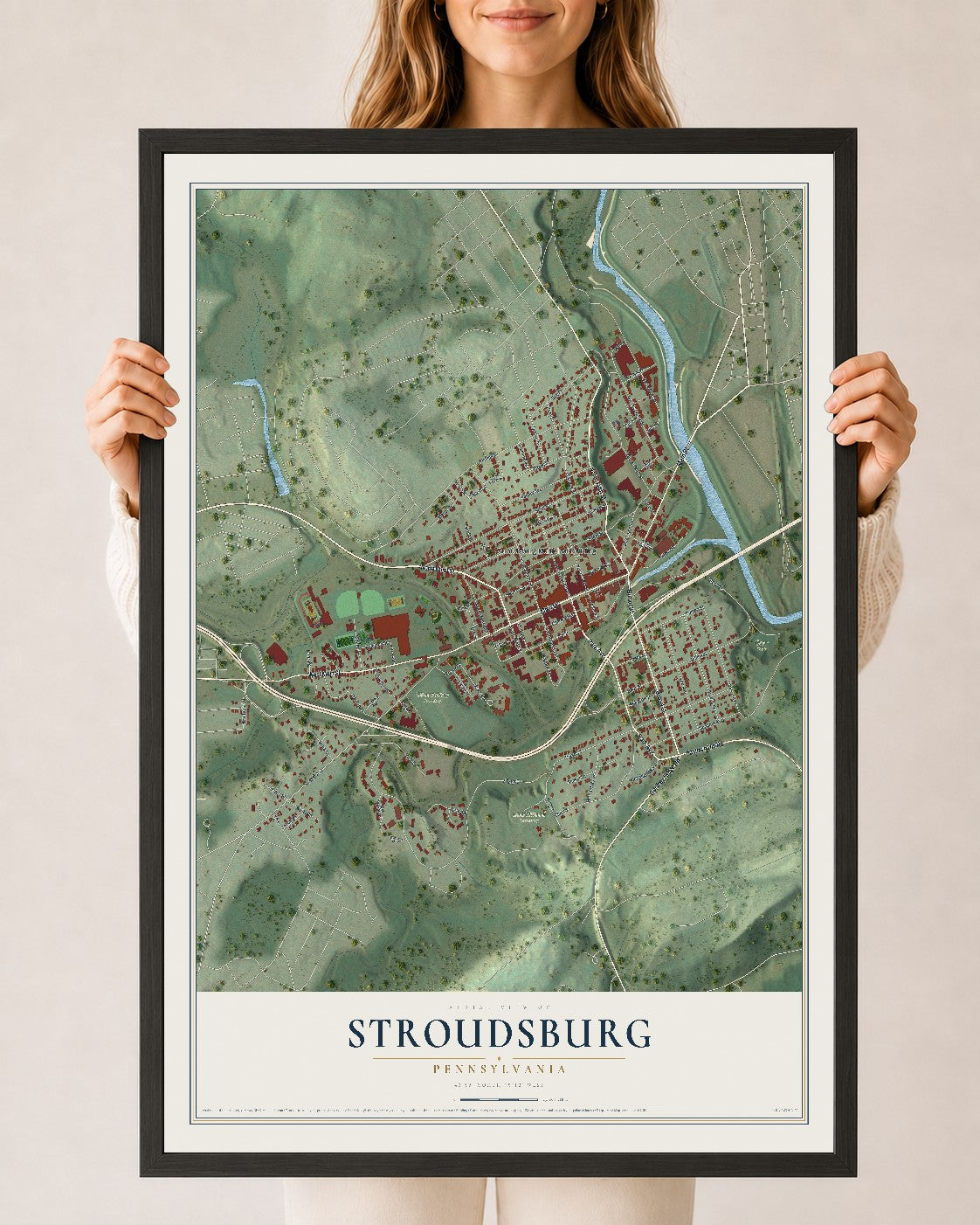Map of Stroudsburg, Pennsylvania, 24 x 36 inch print in a black wood frame
