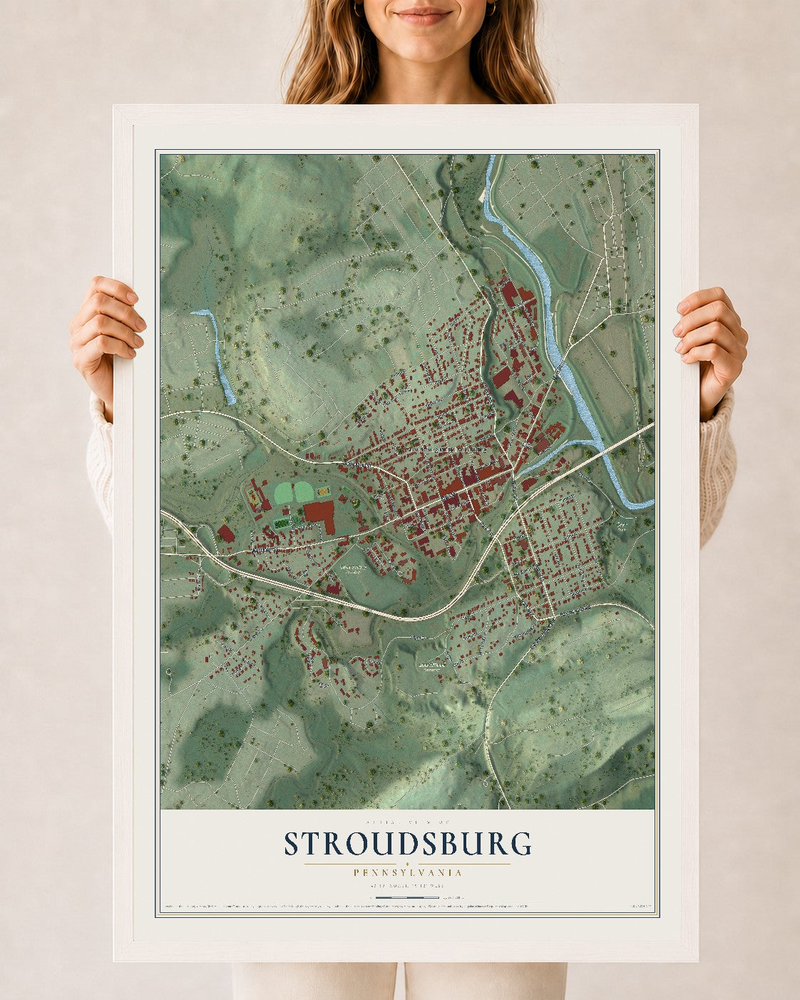 Map of Stroudsburg, Pennsylvania, 24 x 36 inch print in a white wood frame