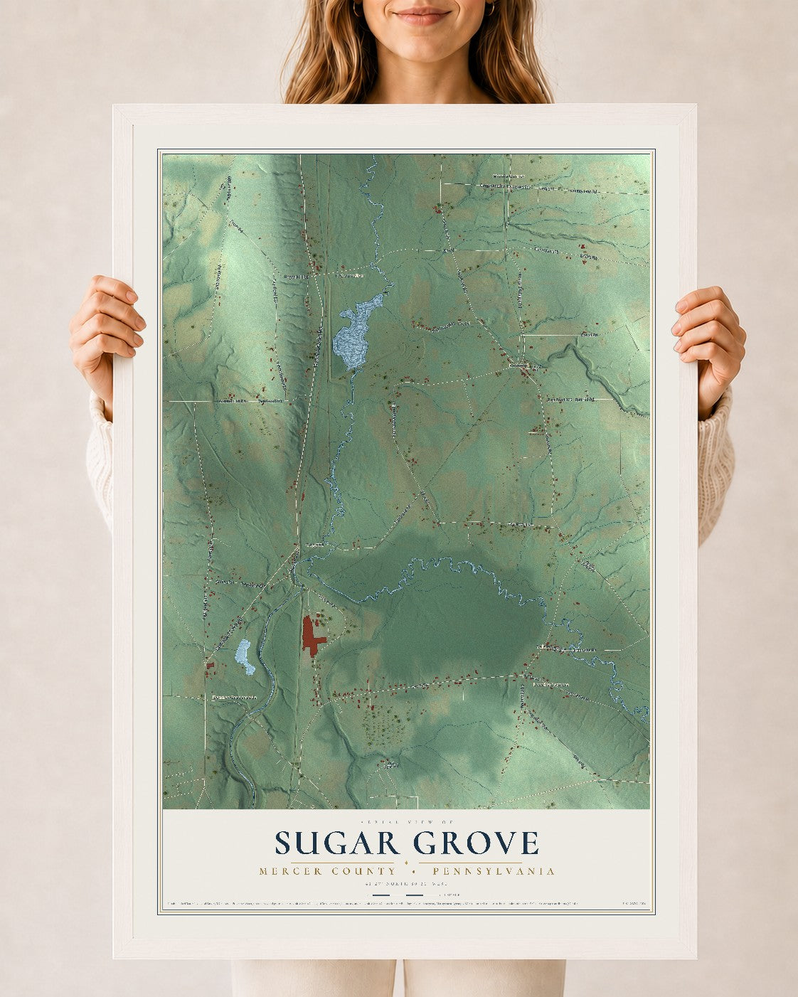 Map of Sugar Grove, Mercer County, Pennsylvania, 24 x 36 inch print in a white wood frame