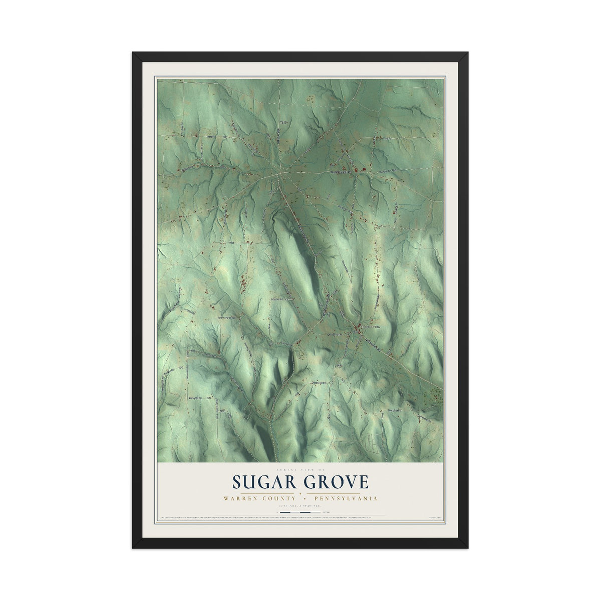 Map of Sugar Grove, Warren County, Pennsylvania, 12 x 18 inch print in a black wood frame