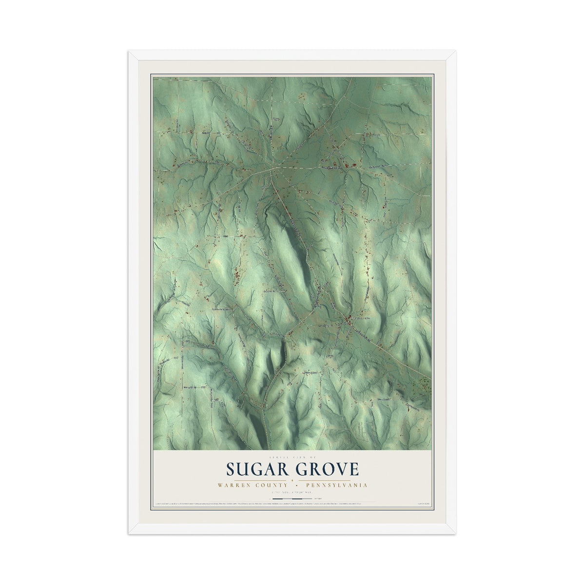 Map of Sugar Grove, Warren County, Pennsylvania, 12 x 18 inch print in a white wood frame