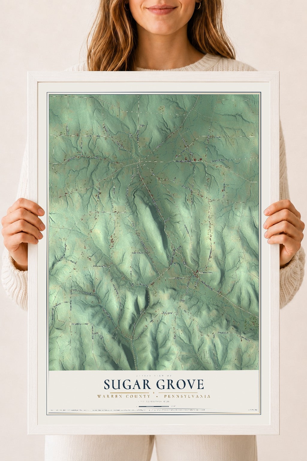 Map of Sugar Grove, Warren County, Pennsylvania, 18 x 24 inch print in a white wood frame