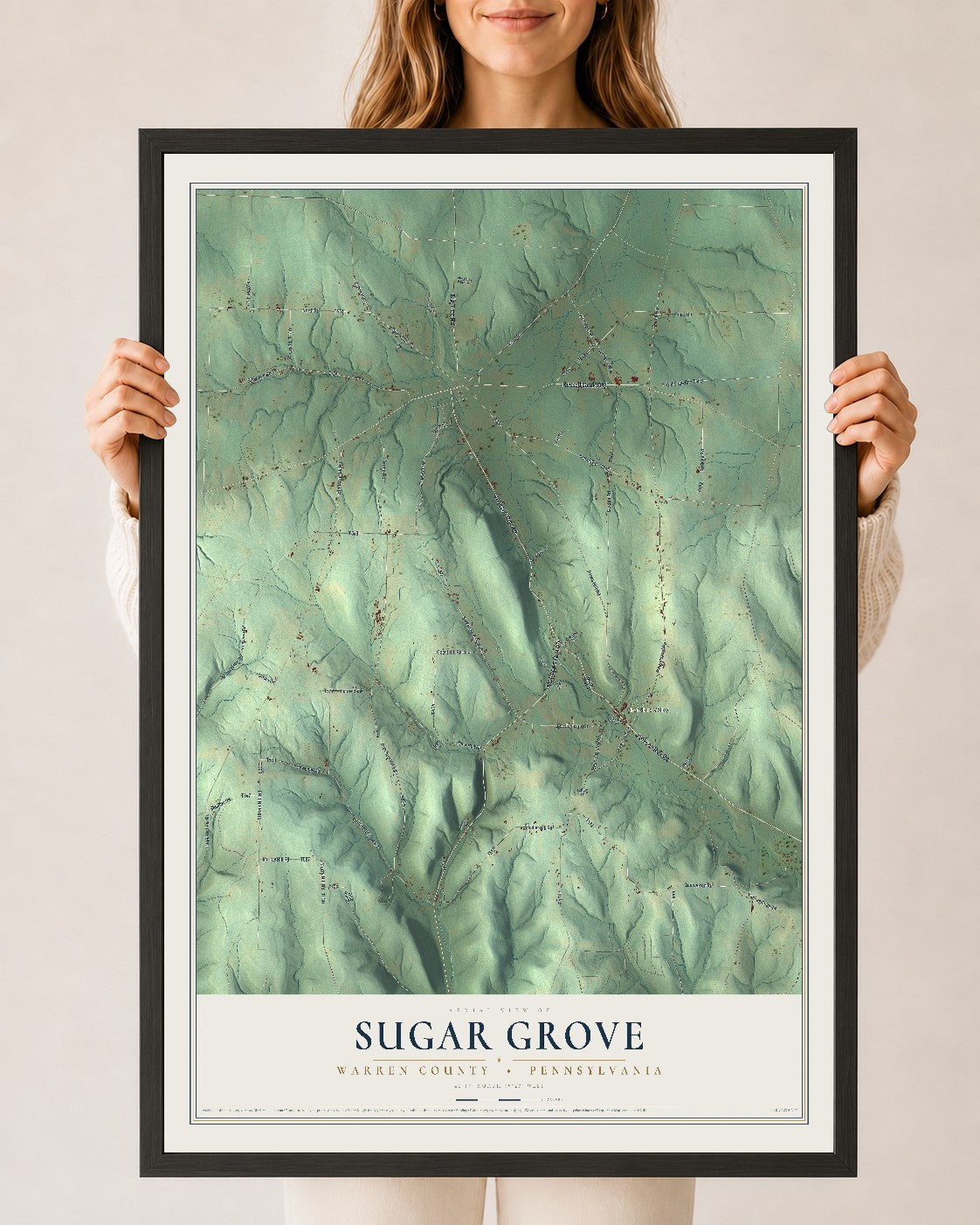 Map of Sugar Grove, Warren County, Pennsylvania, 24 x 36 inch print in a black wood frame