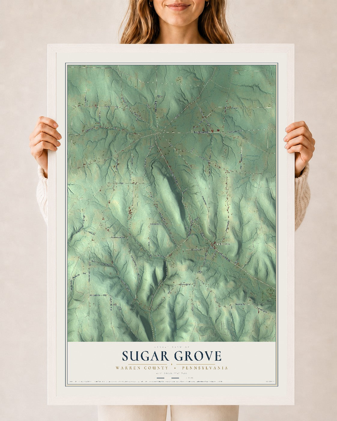Map of Sugar Grove, Warren County, Pennsylvania, 24 x 36 inch print in a white wood frame