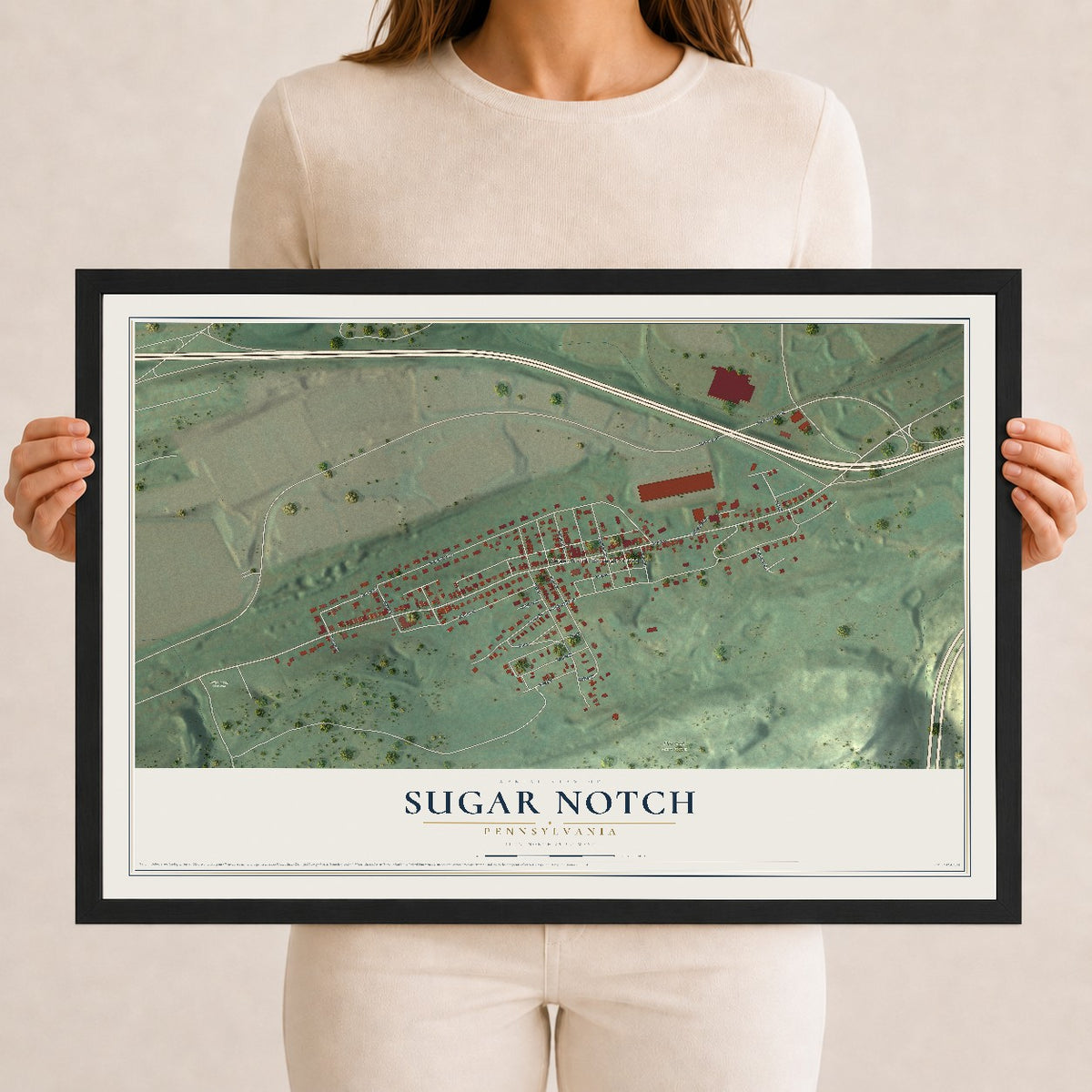 Map of Sugar Notch, Pennsylvania, 12 x 18 inch print in a black wood frame