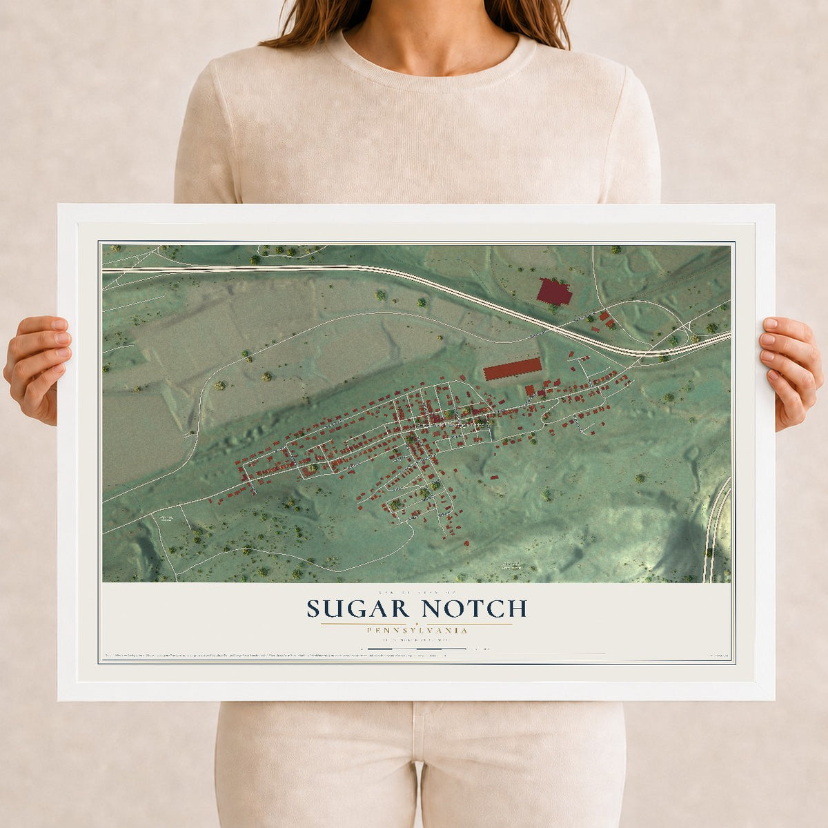 Map of Sugar Notch, Pennsylvania, 12 x 18 inch print in a white wood frame